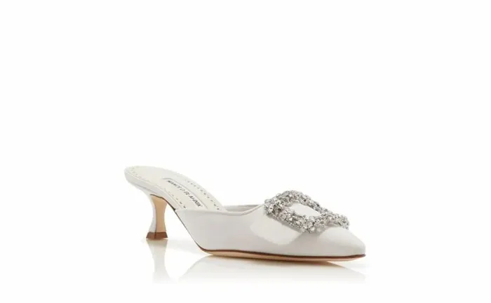 Women White Satin Crystal Buckle Mules Manolo Blahnik Mules