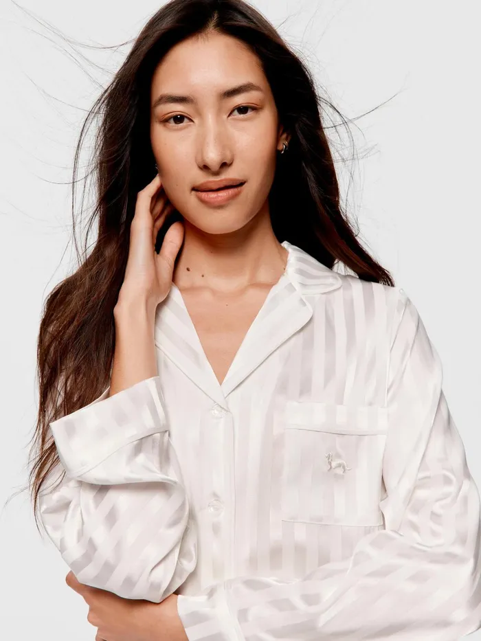 Women White Stripe Chic Satin Long Sleeve Pj Set White Peter Alexander Sets and Onesies