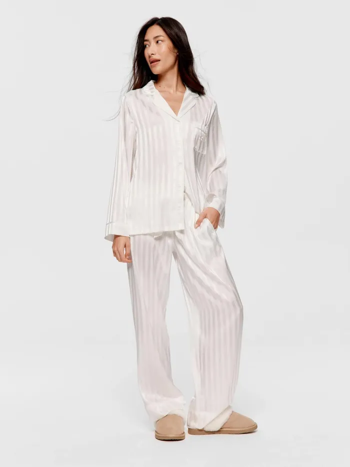 Women White Stripe Chic Satin Long Sleeve Pj Set White Peter Alexander Sets and Onesies