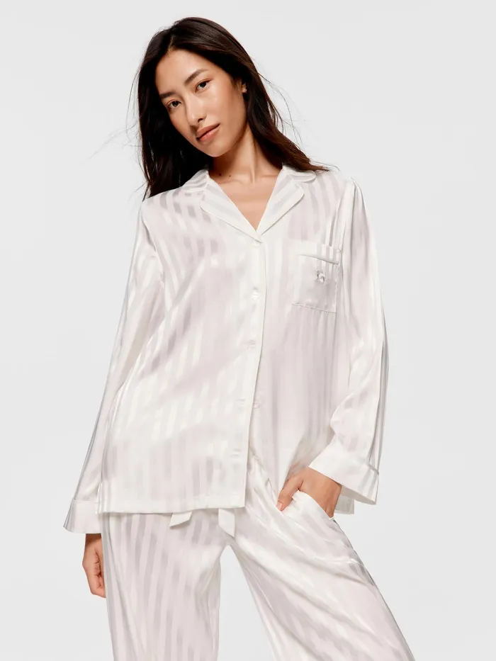 Women White Stripe Chic Satin Long Sleeve Pj Set White Peter Alexander Sets and Onesies