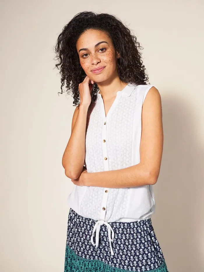 Women White Stuff Clothing Flowing Grasses Sleeveless Jersey Shirt