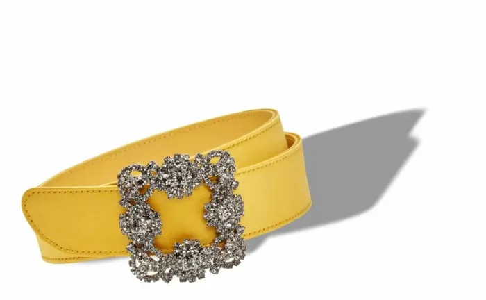 Women Yellow Satin Crystal Buckled Belt Manolo Blahnik Belts