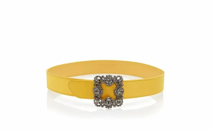 Women Yellow Satin Crystal Buckled Belt Manolo Blahnik Belts
