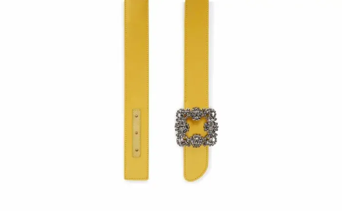 Women Yellow Satin Crystal Buckled Belt Manolo Blahnik Belts
