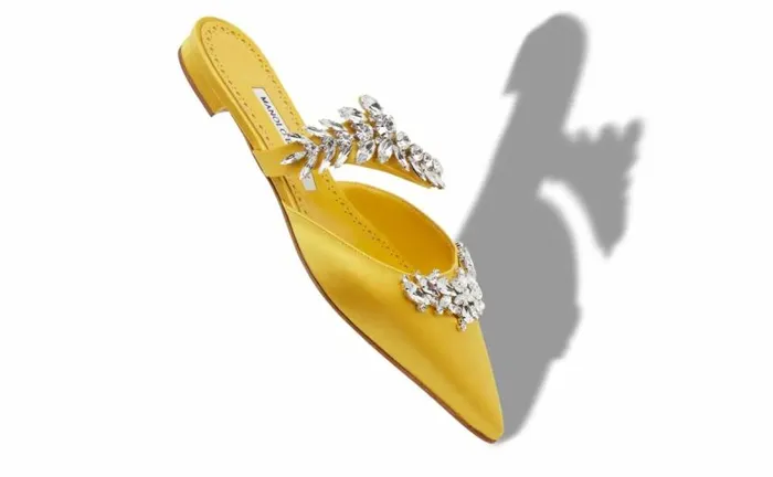 Women Yellow Satin Crystal Embellished Flat Mules Manolo Blahnik Flats