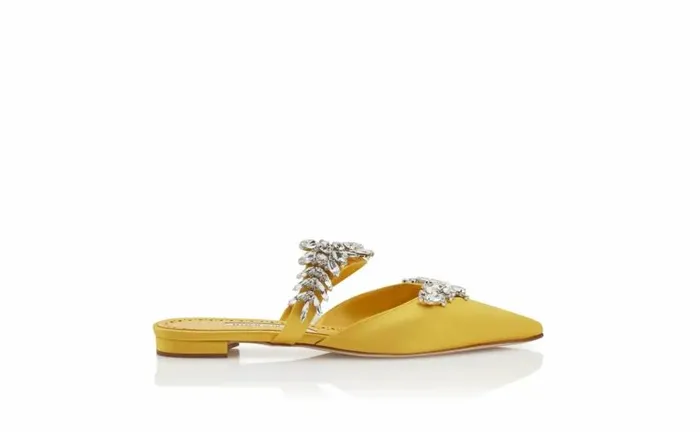 Women Yellow Satin Crystal Embellished Flat Mules Manolo Blahnik Flats