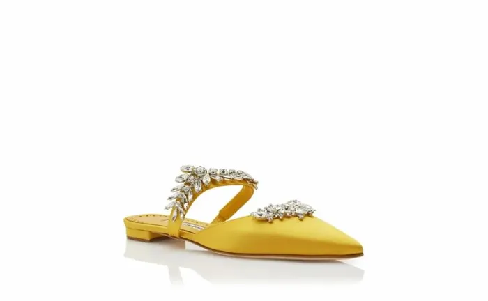Women Yellow Satin Crystal Embellished Flat Mules Manolo Blahnik Flats