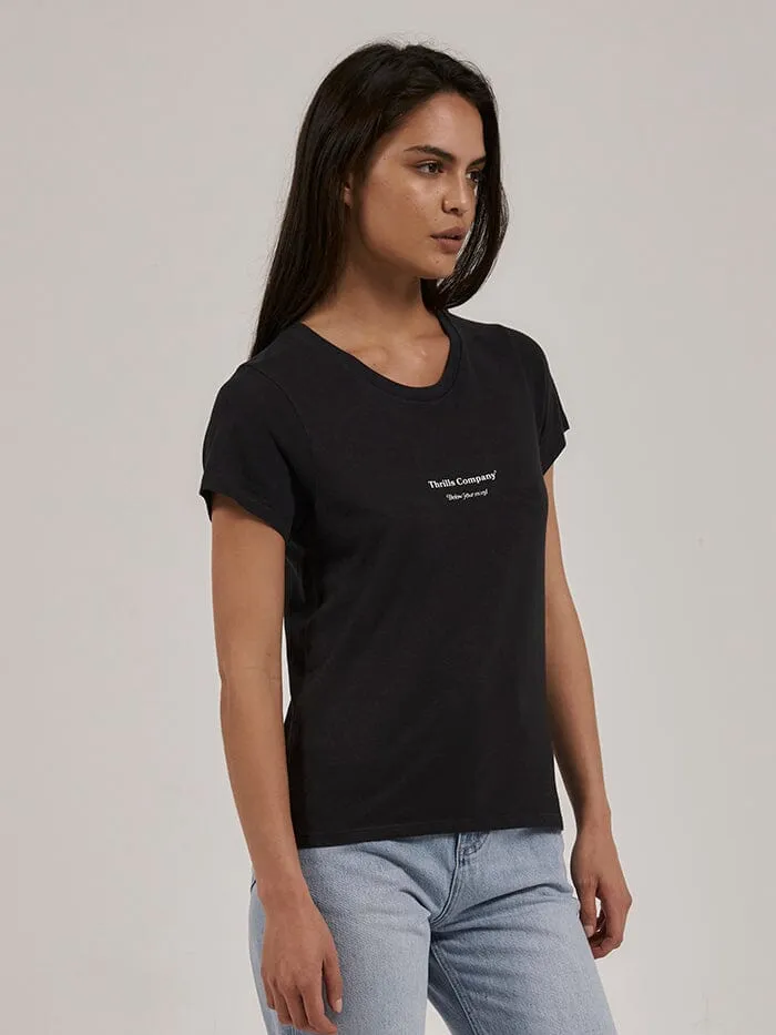 Womens Above So Below Hemp Everyday Tee Washed Black Thrills Tops and Tees