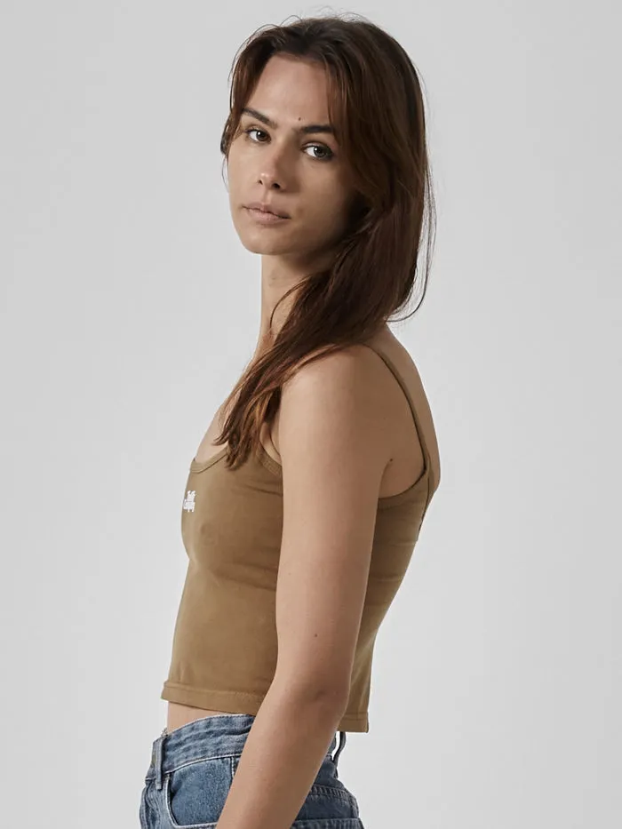 Womens Compound Bound Crop Tank Tobacco Thrills Tops and Tees