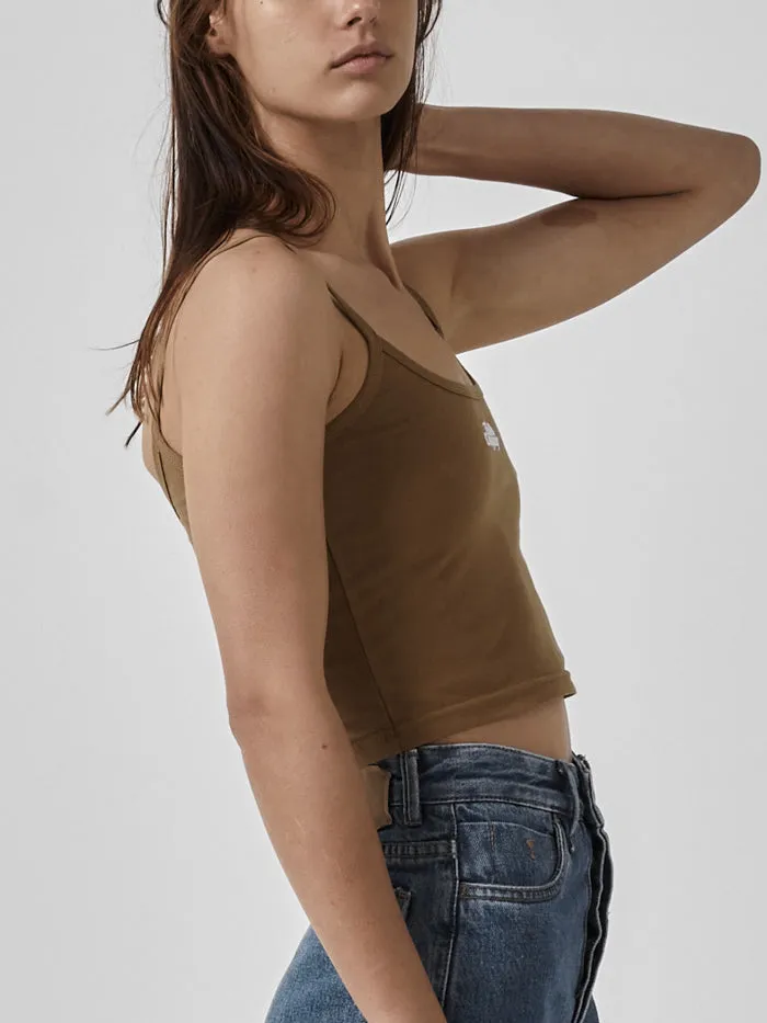 Womens Compound Bound Crop Tank Tobacco Thrills Tops and Tees