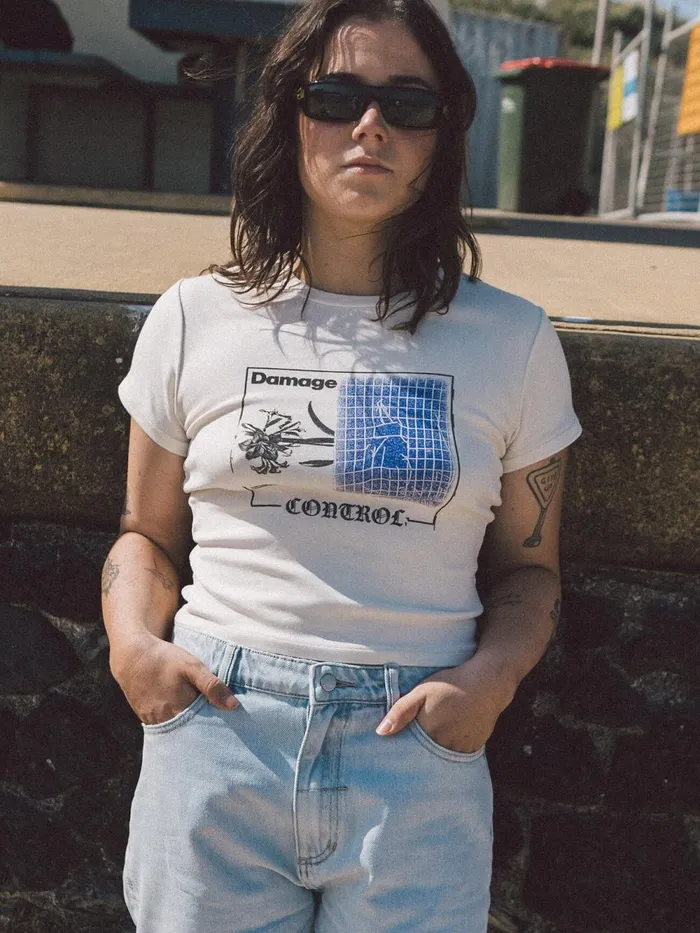 Womens Damage Control Mini Tee Heritage White Thrills Tops and Tees