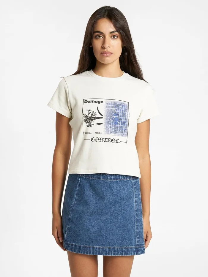Womens Damage Control Mini Tee Heritage White Thrills Tops and Tees
