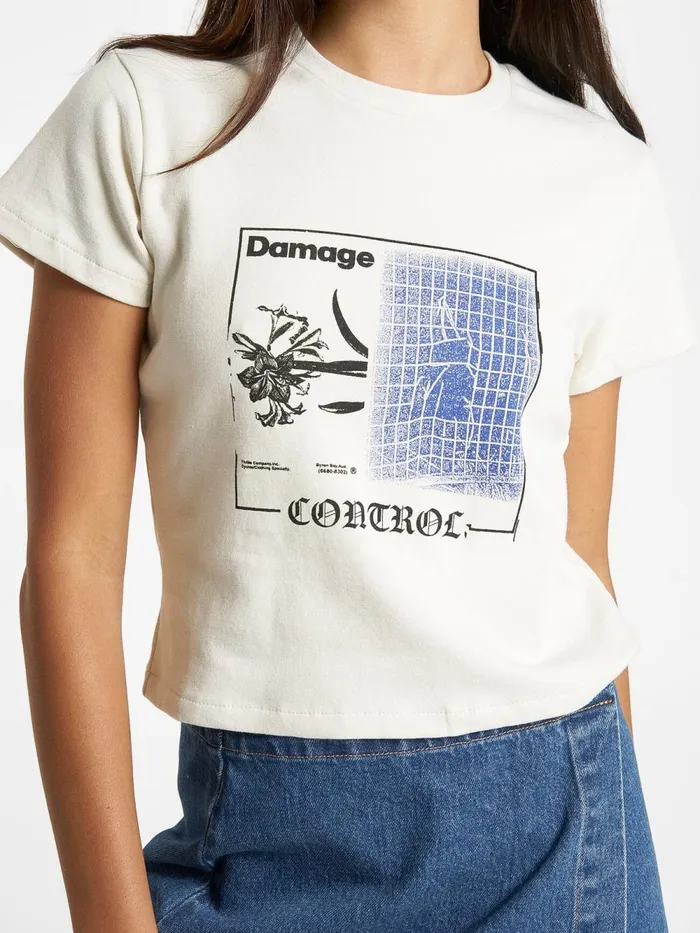 Womens Damage Control Mini Tee Heritage White Thrills Tops and Tees