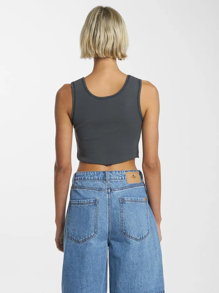 Womens Landed Crop Rib Singlet Merch Black Thrills Tops and Tees