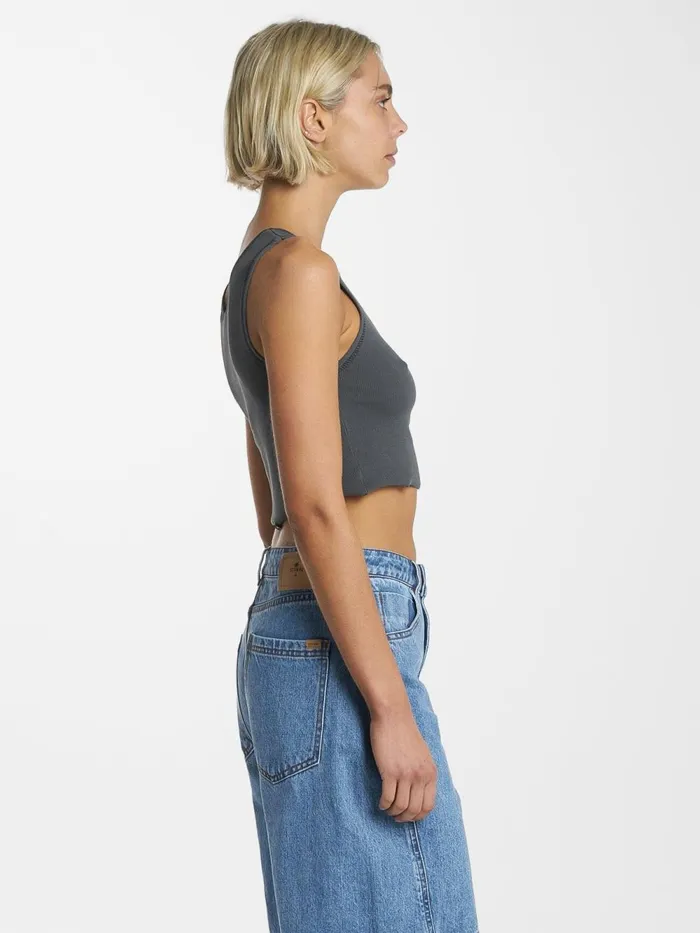 Womens Landed Crop Rib Singlet Merch Black Thrills Tops and Tees