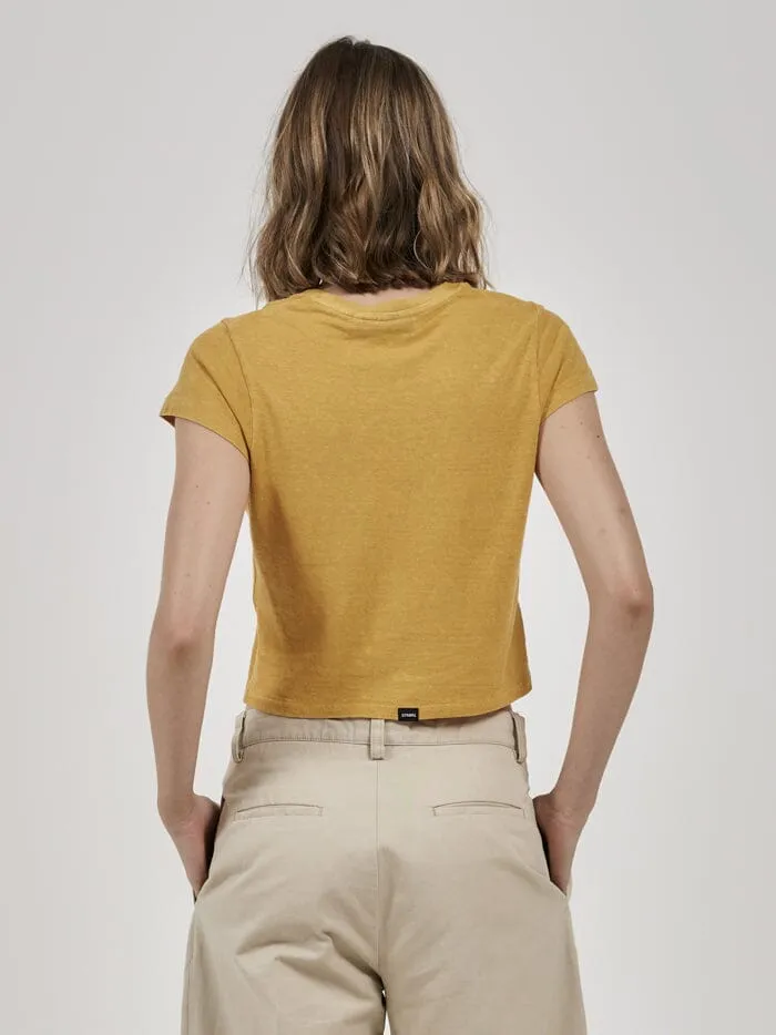 Womens Natural Gravitation Hemp Mini Tee Mineral Yellow Thrills Tops and Tees