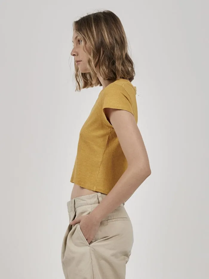 Womens Natural Gravitation Hemp Mini Tee Mineral Yellow Thrills Tops and Tees