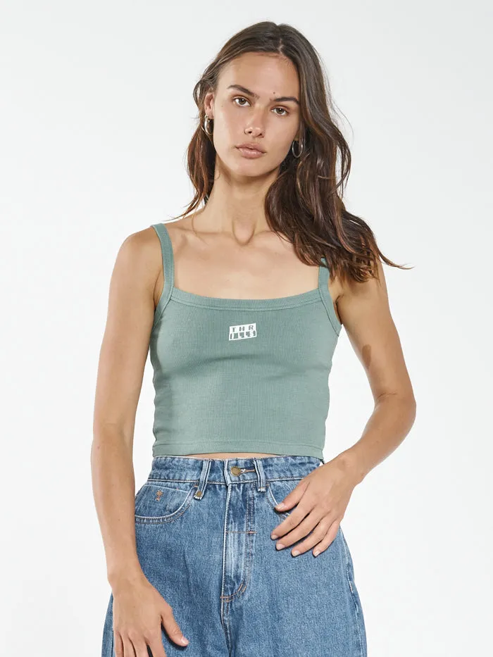 Womens Stack Crop Rib Singlet Comfrey Thrills Tops and Tees