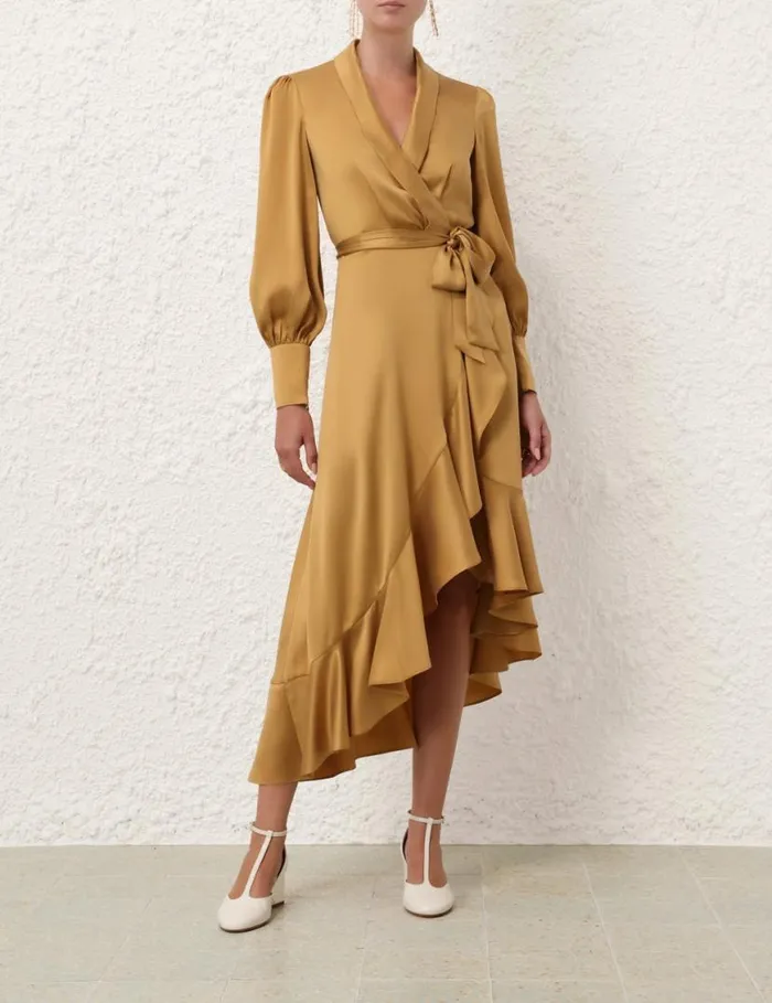 Zimmermann Clothing Silk Wrap Midi Dress Honey 8211 Women