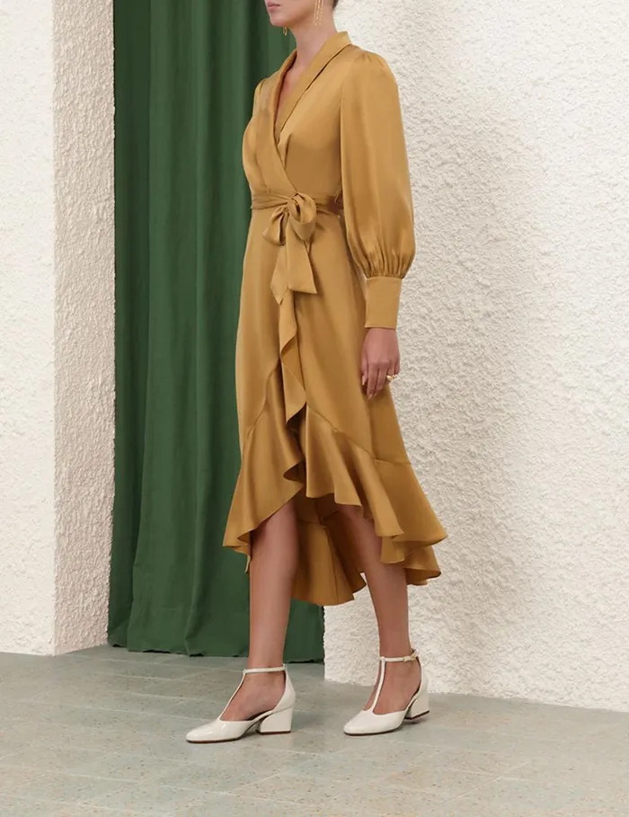 Zimmermann Clothing Silk Wrap Midi Dress Honey 8211 Women