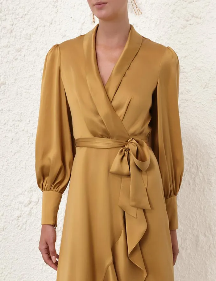 Zimmermann Clothing Silk Wrap Midi Dress Honey 8211 Women
