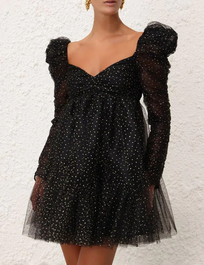Zimmermann Clothing Tulle Ruched Mini Dress Blackgold Dot 8211 Women