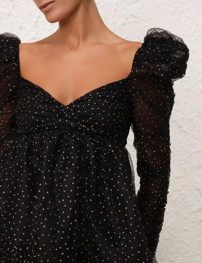 Zimmermann Clothing Tulle Ruched Mini Dress Blackgold Dot 8211 Women