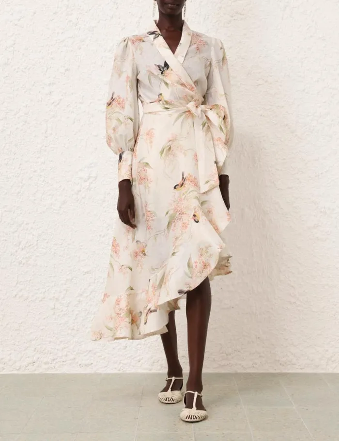 Zimmermann Clothing Wrap Midi Dress Coral Birds 8211 Women