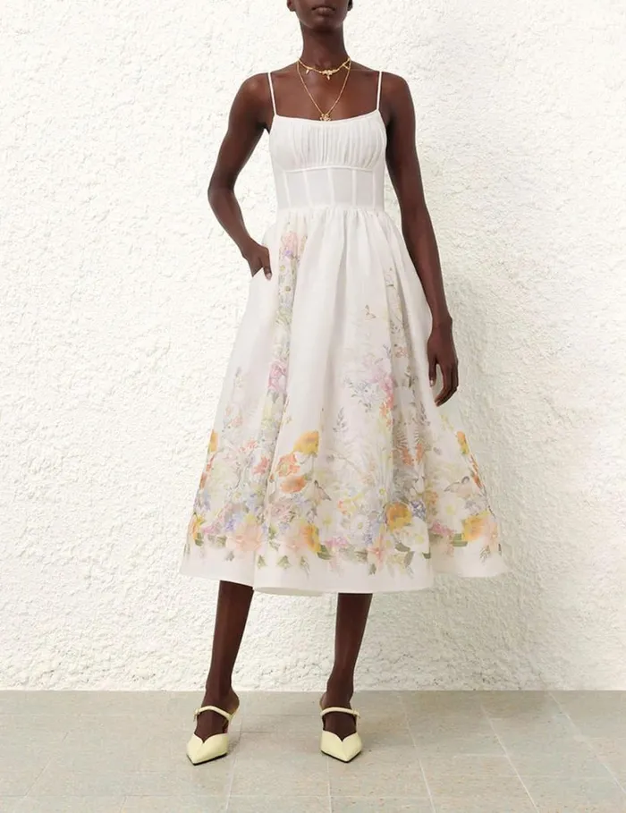Zimmermann Dresses Natura Ruched Midi Dress Ivory Wild Flowers 8211 Women