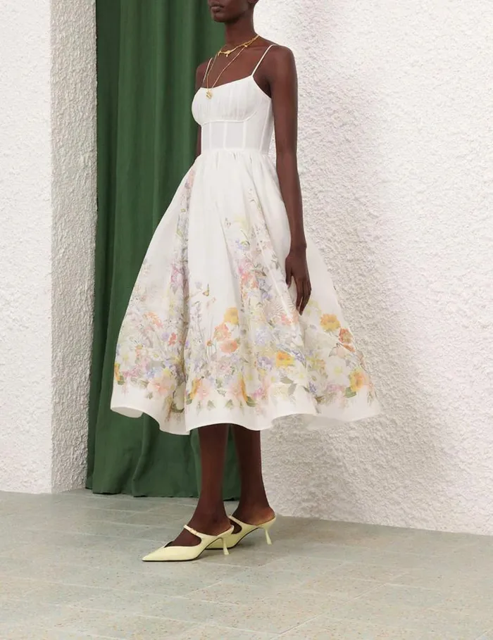 Zimmermann Dresses Natura Ruched Midi Dress Ivory Wild Flowers 8211 Women
