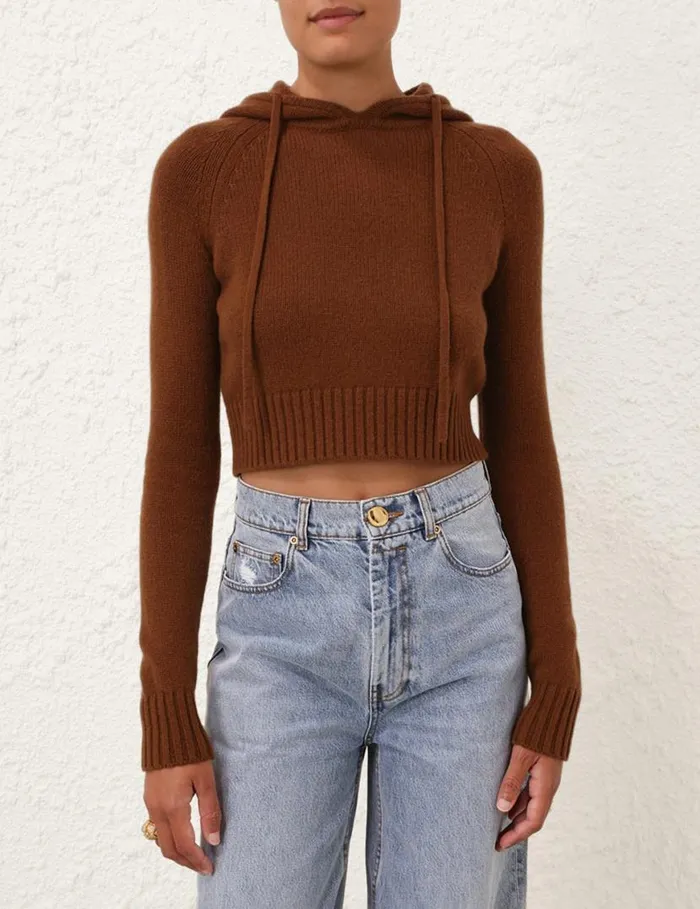 Zimmermann Knitwear Natura Cropped Hooded Sweater Dark Tan 8211 Women