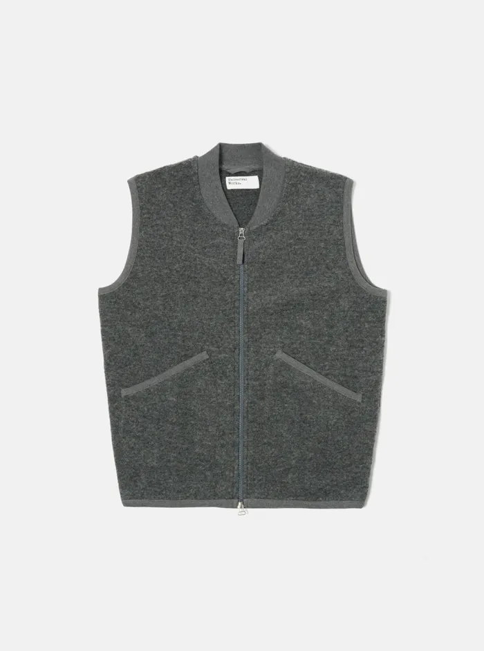 Zip Waistcoat In Grey Marl Wool Fleece Men Universal Works Fleece